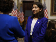 Federal Trade Commission Chair Lina Khan, middle, pictured at the Eisenhower Executive Office Building on April 3, 2024, in Washington, D.C.