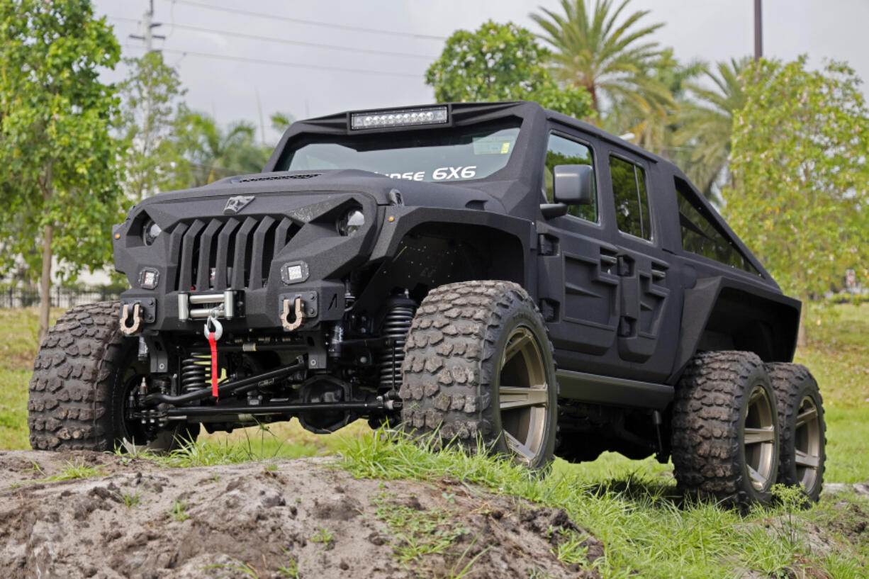 The seven-seat Apocalypse HellFire, a converted six-wheel-drive Jeep, is shown at Apocalypse Manufacturing in Pompano Beach, Florida, on May 16, 2024.