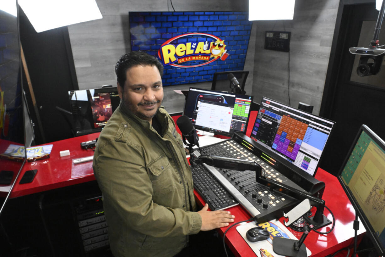 Victor Martinez, owner of La Mega Radio station in Allentown, Pennsylvania, talks about his radio show on April 10, 2024. He has recently become something of a national figure in Latino Democratic politics. He has visited the White House, had Vice President Kamala Harris call into his show, and appeared on CNN.