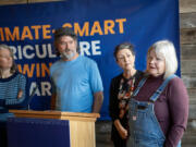 Clark County Councilor Sue Marshall, right, fields questions about farming and climate change during a Thursday news conference at Second Mile Marketplace and Food Hub in Vancouver.