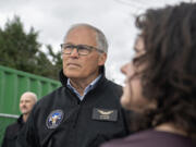 Inslee called the air quality monitoring site at Mountain View High School "lifesaving." (Amanda Cowan/The Columbian)