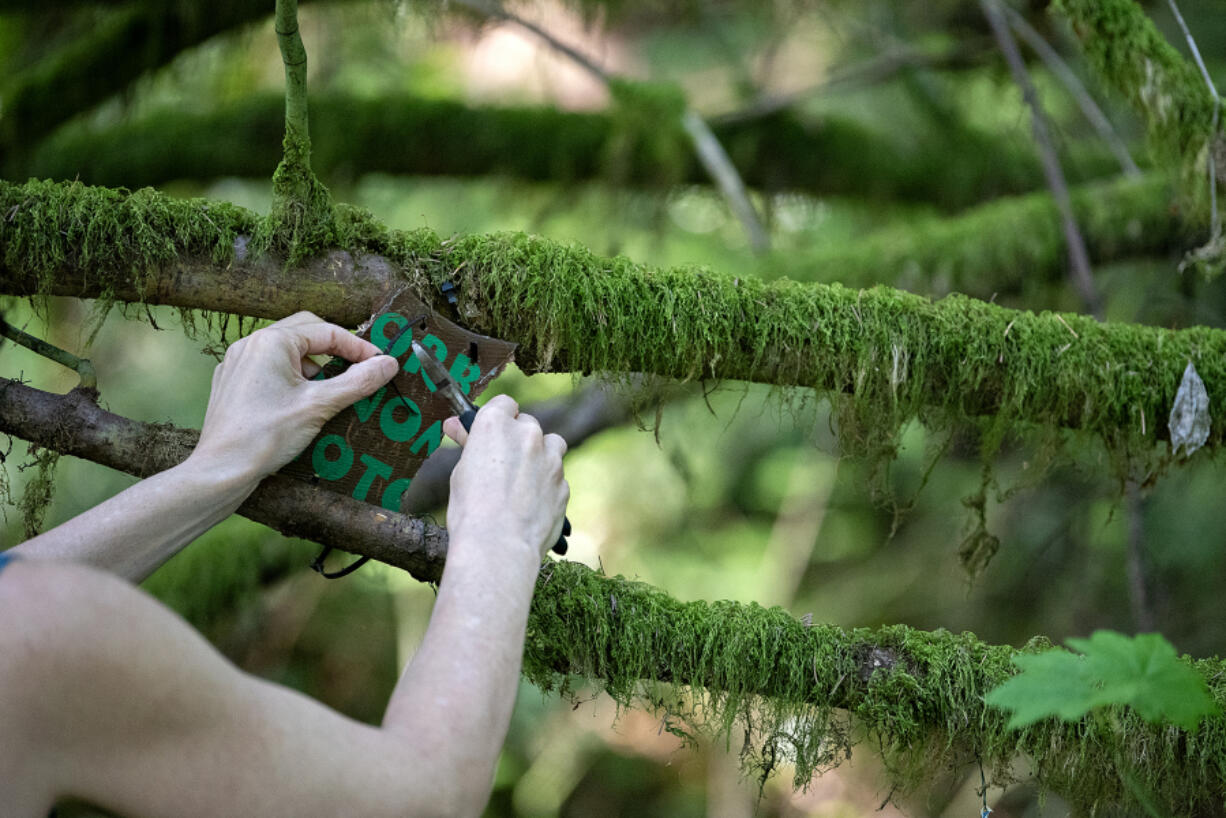 Stacey Condren removes a damaged sign on The Gnome Trail on a morning in early May.