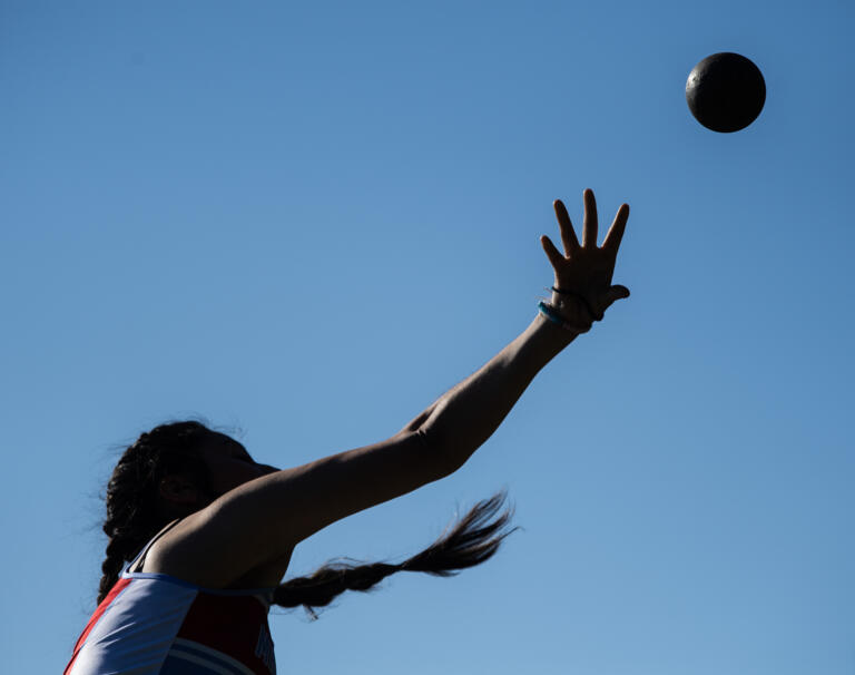 Mark Morris senior Maria Vasquez competes in the shot put Thursday, May 9, 2024, during the 2A GSHL Track and Field Championships at Columbia River High School.