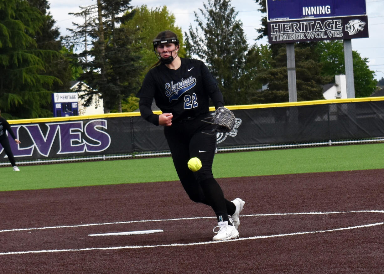 Skyview junior Maddie Milhorn delivers a pitch during the Storm's 11-2 win over Battle Ground in a 4A Greater St. Helens League softball game at Heritage High School on Tuesday, May 7, 2024.