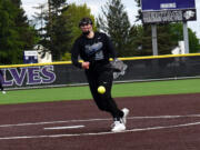 Skyview junior Maddie Milhorn delivers a pitch during the Storm's 11-2 win over Battle Ground in a 4A Greater St. Helens League softball game at Heritage High School on Tuesday, May 7, 2024.