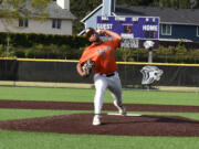 Battle Ground sophomore James Gill make a pitch in the Tigers' 3-2 win over Graham-Kapowsin in a 4A bi-district baseball playoff game at Heritage High School on Tuesday, May 7, 2024.