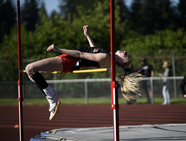 Gabriella Thompson of Camas competes in the 4A girls high jump at the 4A/3A Greater St. Helens League district track and field meet at McKenzie Stadium on Wednesday, May 8, 2024.