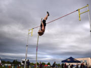Tucker Wyninger of Stevenson clears the bar at 13 feet, 6 inches on his way to winning the boys pole vault at the 1A District 4 track and field championships at Seton Catholic High School in Vancouver on Thursday, May 16, 2024.