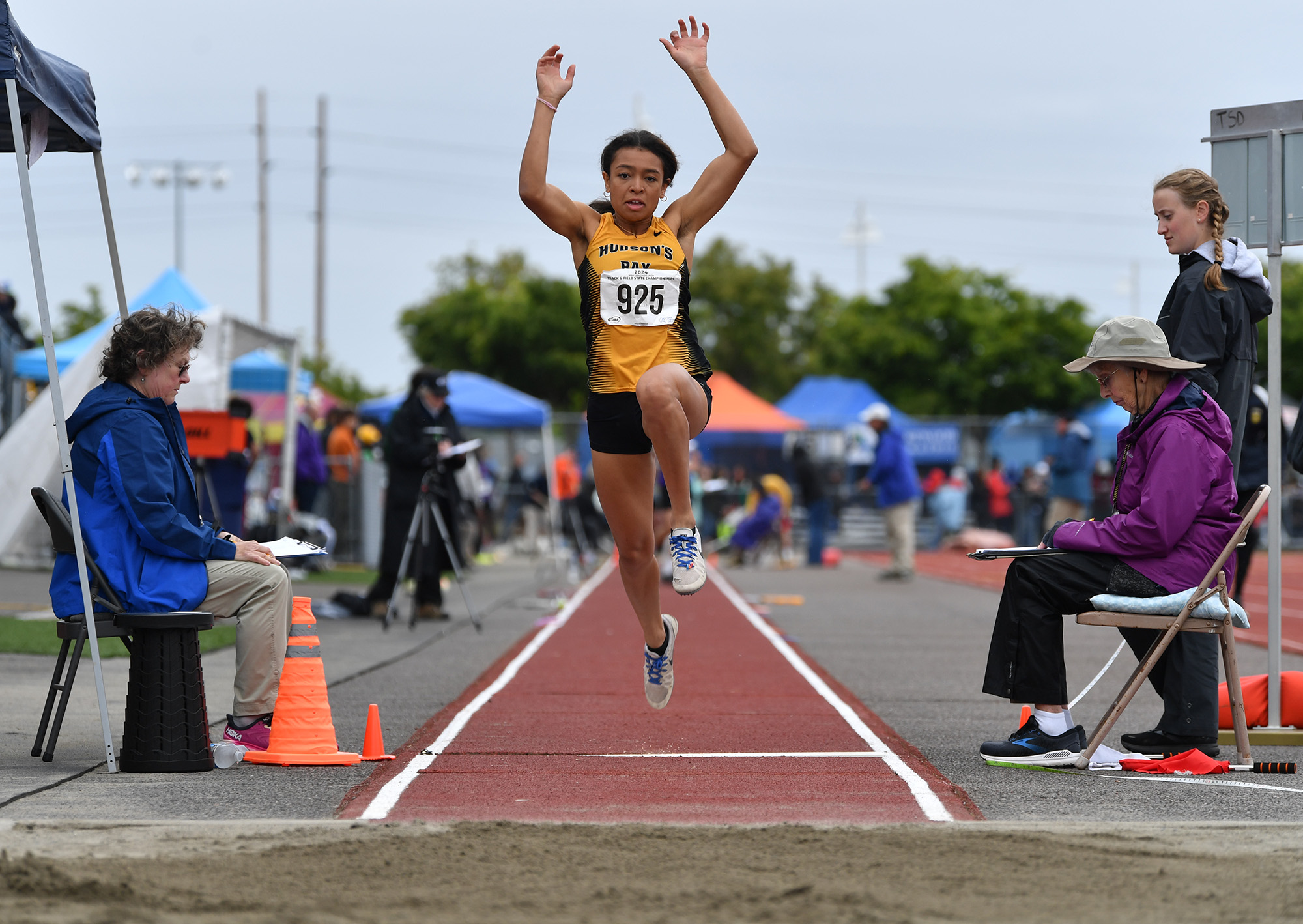 Hudson’s Bay’s Paris Ackerman competes in the 2A girls long jump Friday, May 24, 2024, during the WIAA State Track and Field Championships at Mount Tahoma High School in Tacoma.