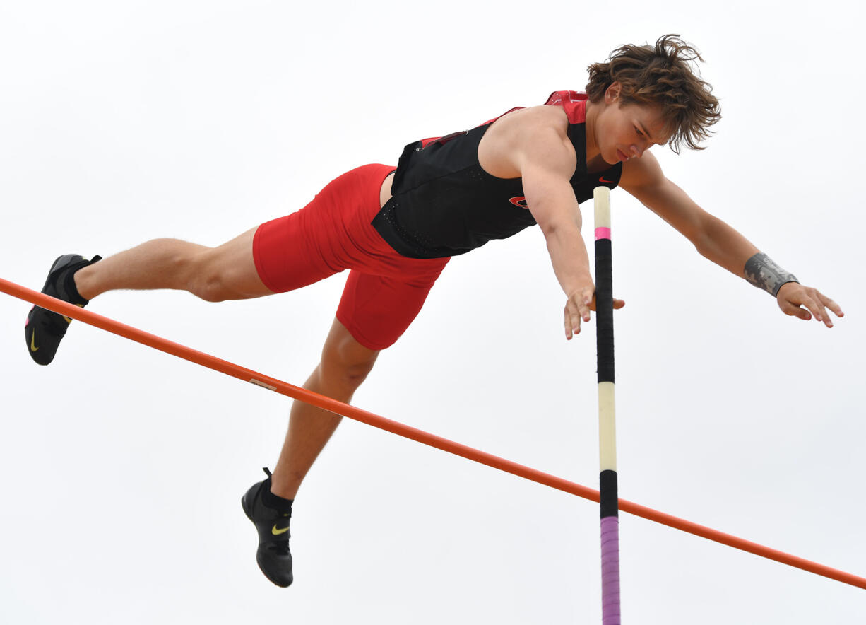 Camas’ Chase McGee clears the bar during the 4A boys pole vault competition Friday, May 24, 2024, during the WIAA State Track and Field Championships at Mount Tahoma High School in Tacoma.