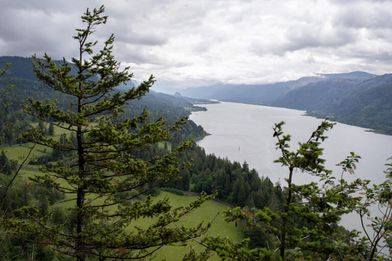 The Washington side of the Columbia River Gorge, left, stretches below the Cape Horn lookout on Tuesday morning. Western Washington&rsquo;s rainy weather doesn&rsquo;t eliminate wildfire risk.