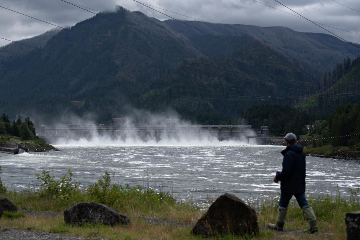 A pedestrian takes in a view of the Bonneville Dam from the Washington side of the Columbia River on Tuesday morning. The dam generates power distributed by Bonneville Power Administration.