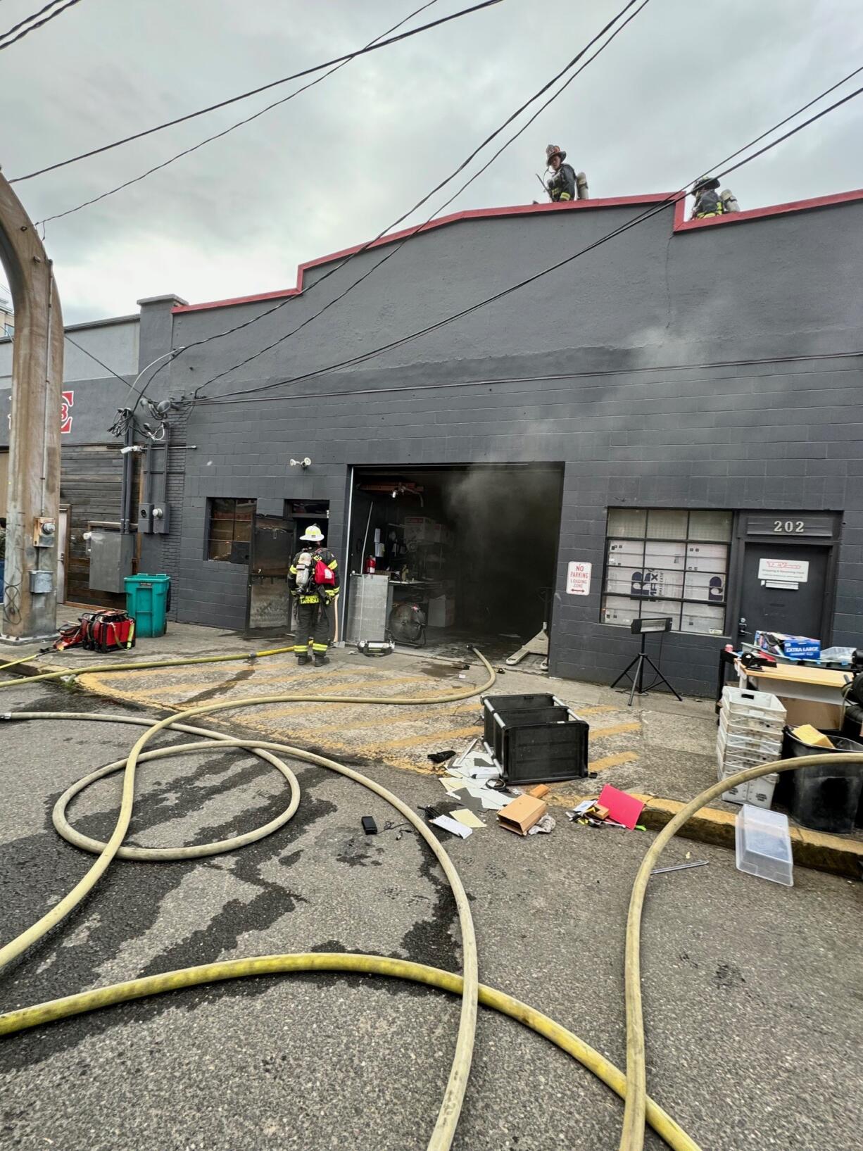 Firefighters battled a two-alarm blaze at Fifth and Columbia streets in downtown Vancouver on Thursday evening.