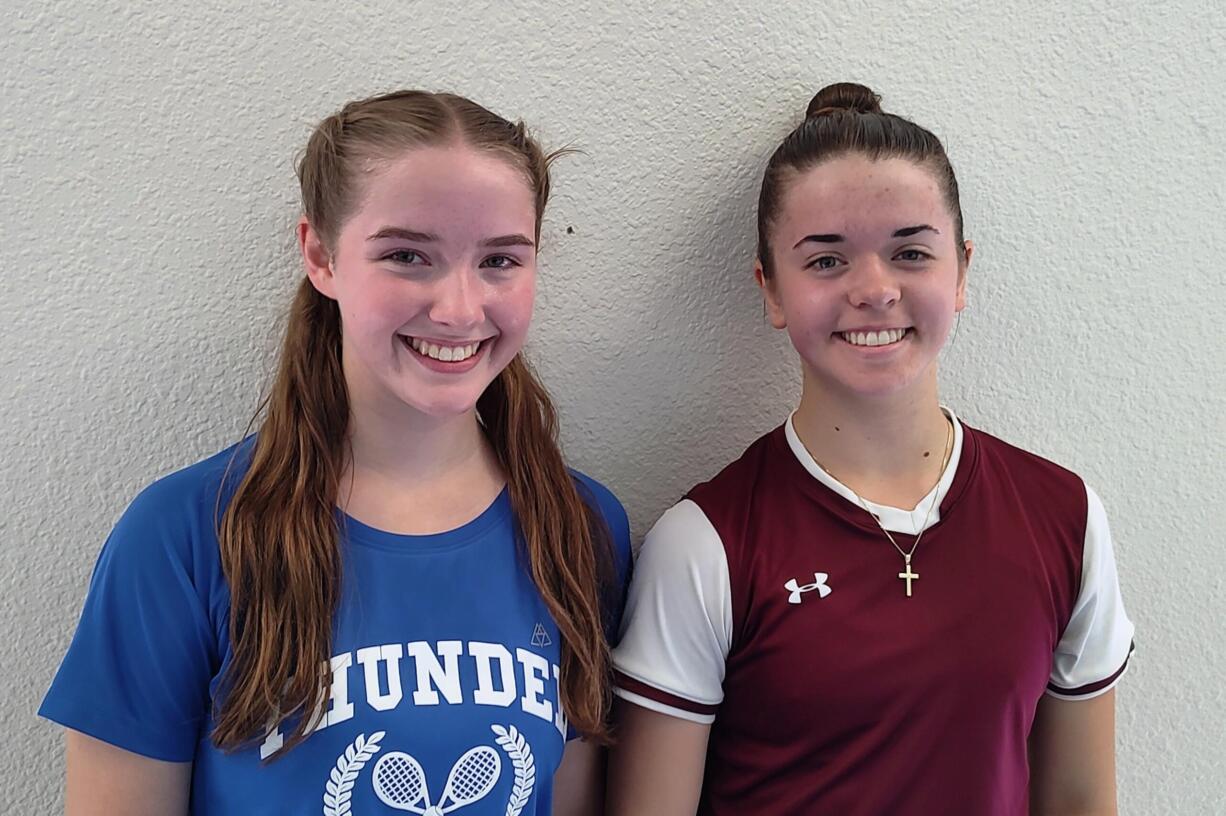 Prairie's Elsa Bice, right, won the 3A district tennis singles title on Saturday, May 11, 2024, by beating Mountain View's Addie Simonsmeier at Club Green Meadows.