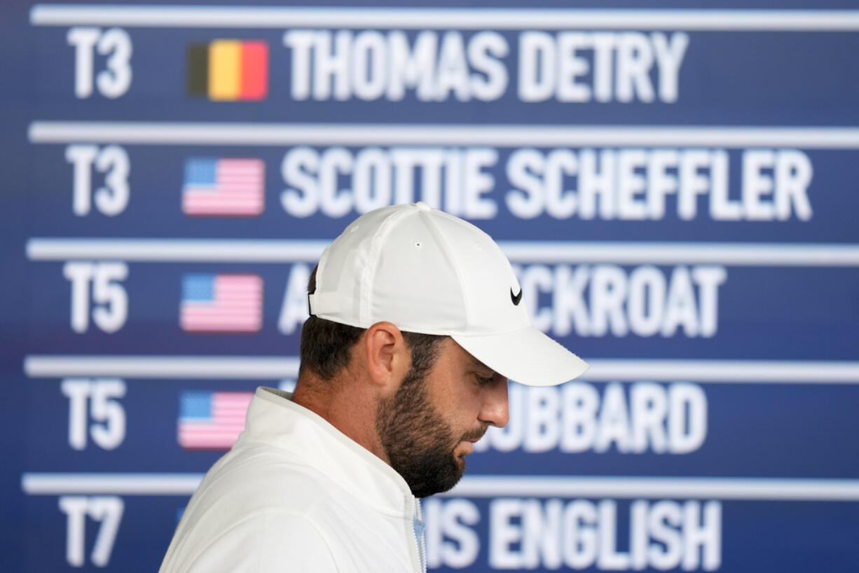 Scottie Scheffler arrives for a news conference at after the second round of the PGA Championship golf tournament at the Valhalla Golf Club, Friday, May 17, 2024, in Louisville, Ky.