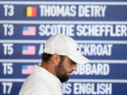 Scottie Scheffler arrives for a news conference at after the second round of the PGA Championship golf tournament at the Valhalla Golf Club, Friday, May 17, 2024, in Louisville, Ky.