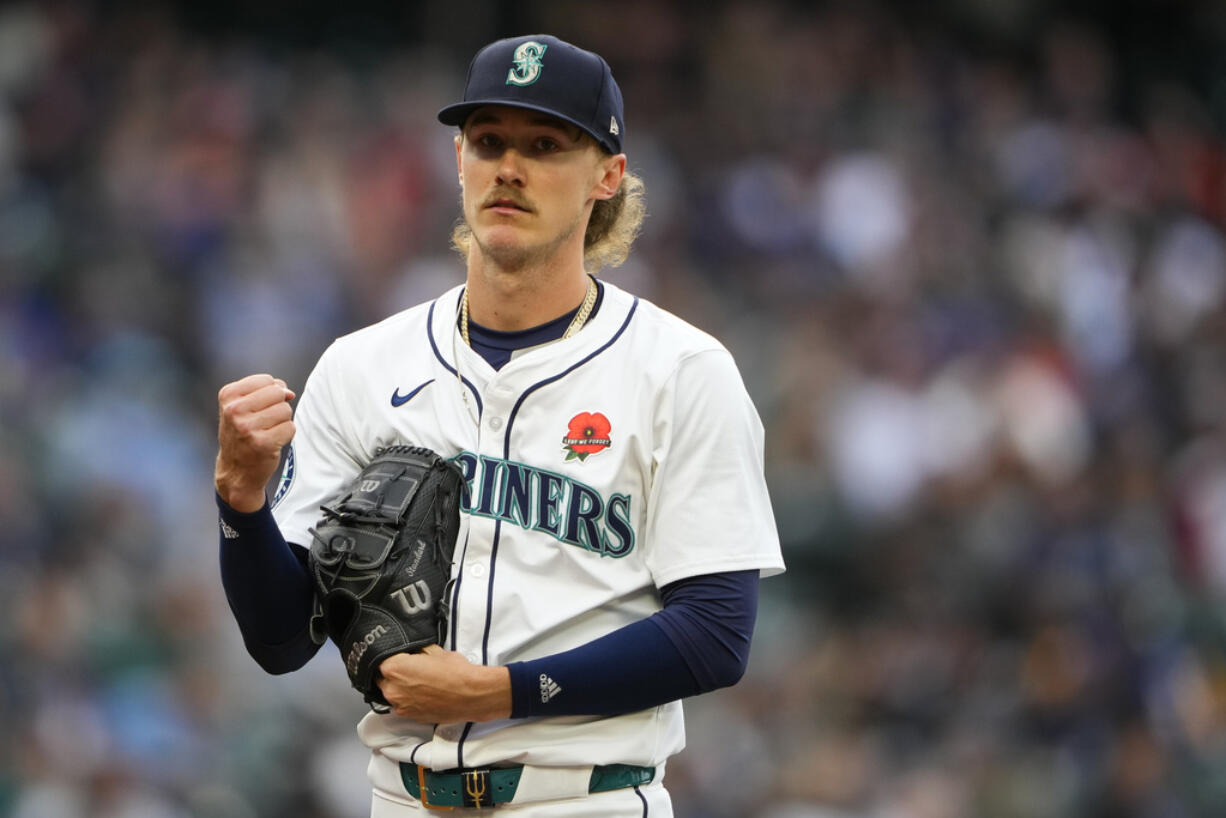 Seattle Mariners starting pitcher Bryce Miller makes a fist after pitching through the second inning of a baseball game against the Houston Astros, Monday, May 27, 2024, in Seattle.
