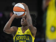Seattle Storm guard Jewell Loyd shoots a free throw during the first half of the team's WNBA basketball game against the Chicago Sky, Tuesday, May 28, 2024, in Chicago.