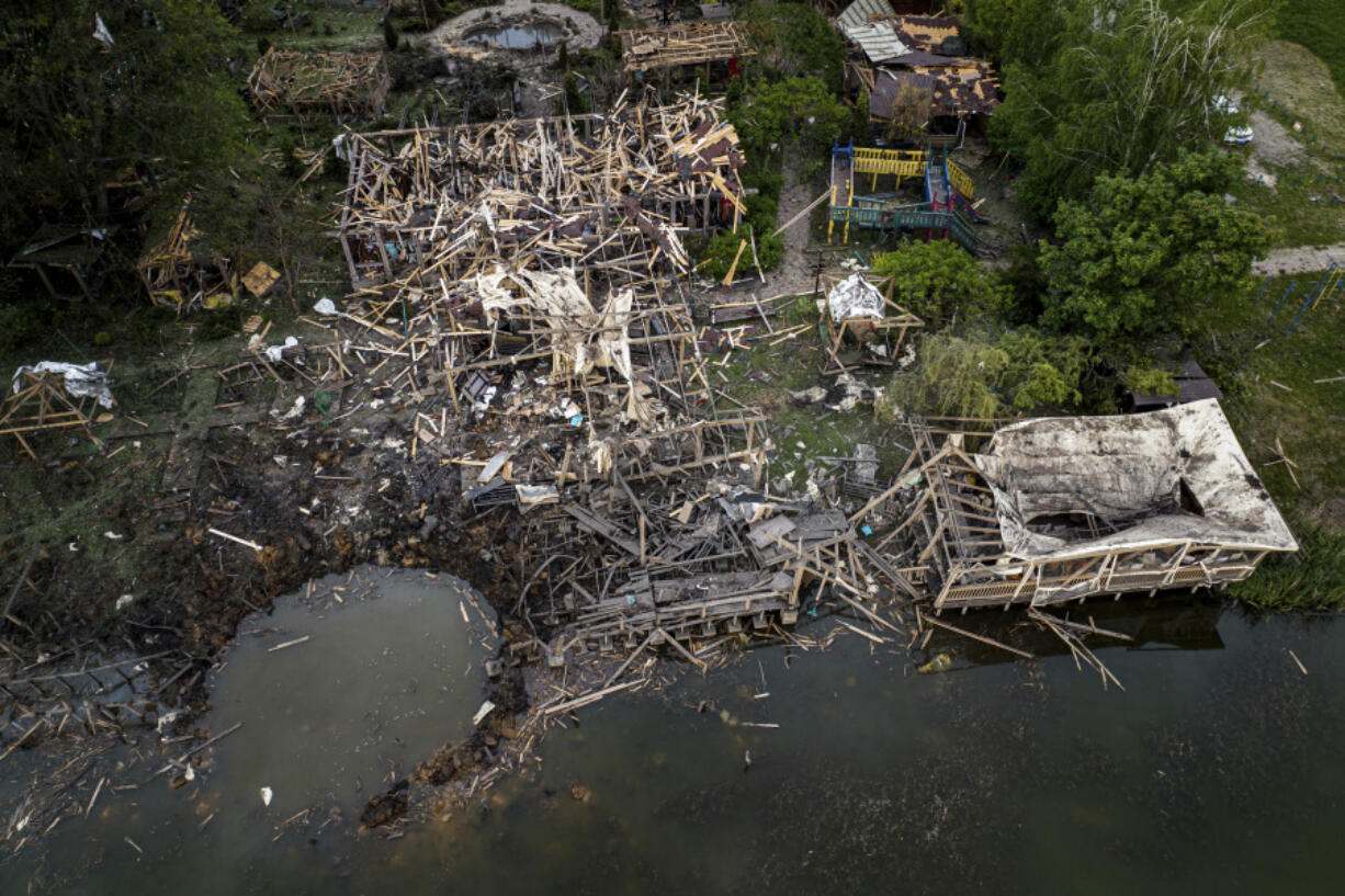 Destroyed resort compound is seen from above after a Russian rocket attack near Kharkiv, Ukraine, Sunday, May 19, 2024. According to officials, several people were killed in this attack.