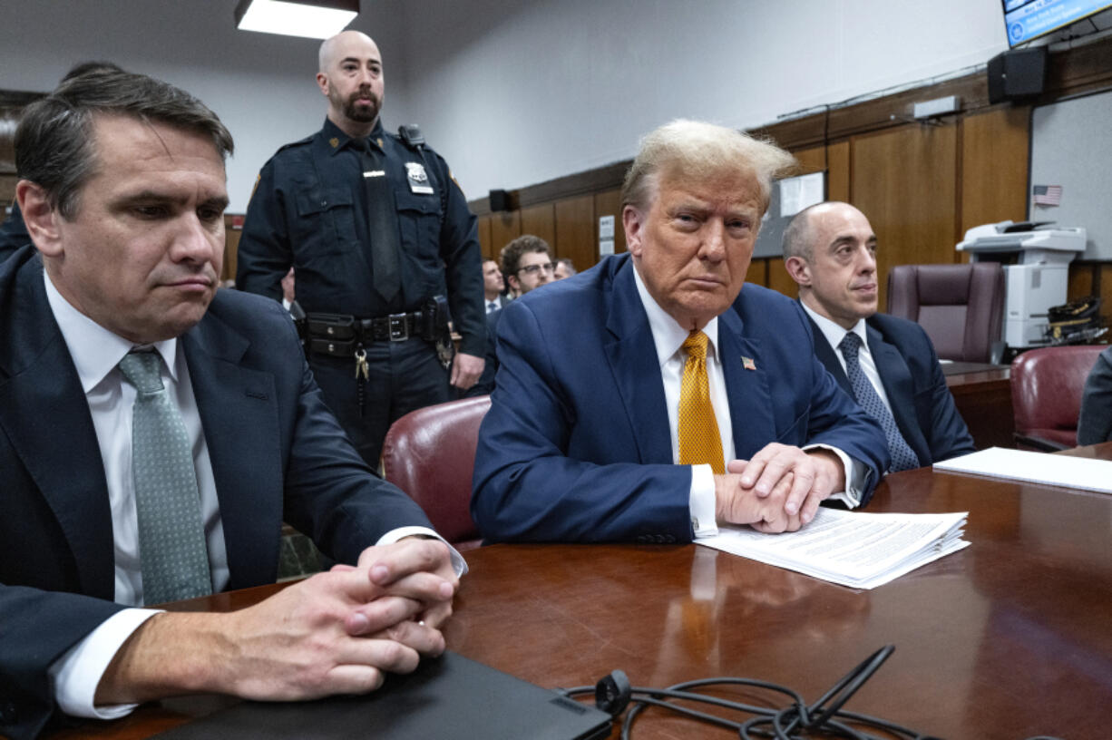 Former President Donald Trump waits for the start of proceedings in his trial at Manhattan criminal court, Tuesday, May 14, 2024, in New York.