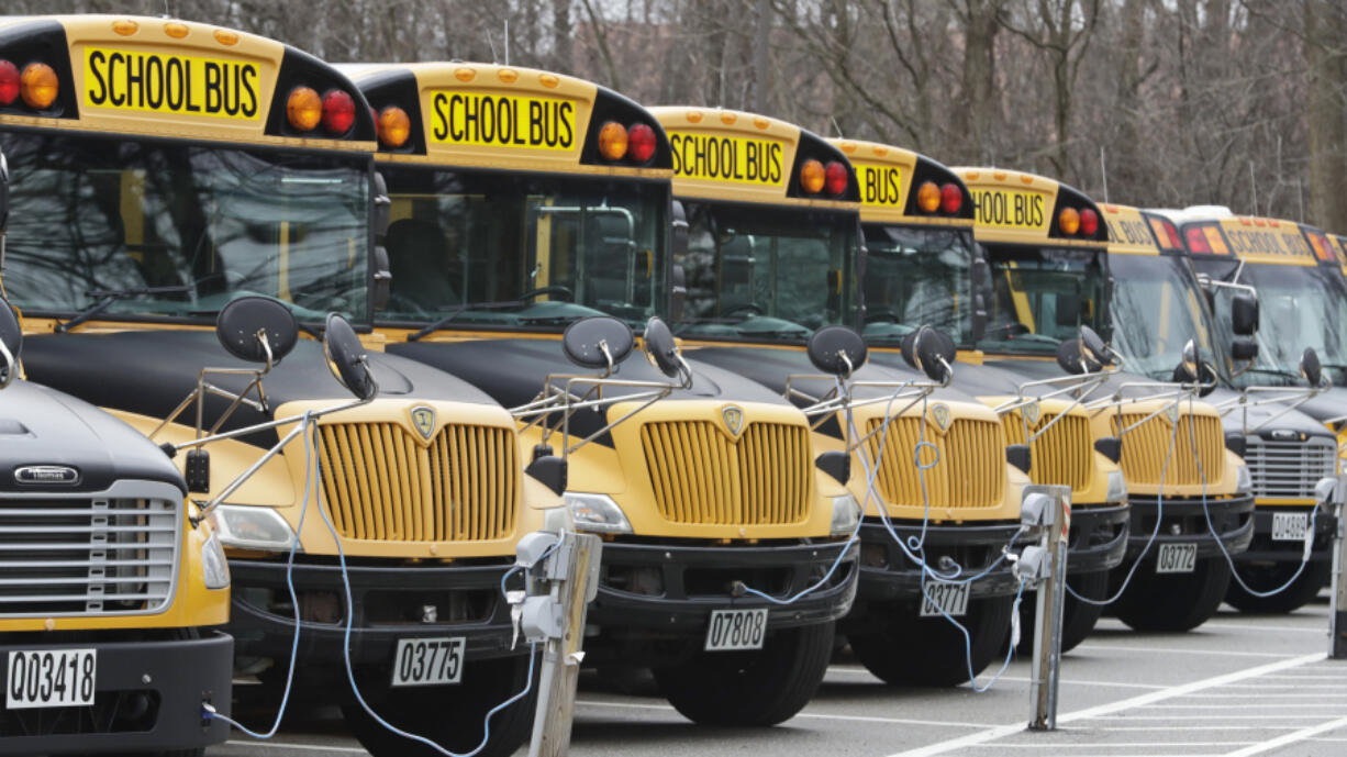 FILE - A row of school buses rests in a parking lot, April 7, 2020, in Cleveland Heights, Ohio. About 7 in 10 AAPI adults approve of K-12 public schools teaching about the history of slavery, racism and segregation, according to a new poll from AAPI Data and The Associated Press-NORC Center for Public Affairs Research. A similar share also support teaching about the history of Asian American and Pacific Islander communities in the United States, while about half support teaching about issues related to sex and sexuality.