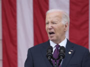 President Joe Biden delivers the Memorial Day Address at the 156th National Memorial Day Observance in the Memorial Amphitheater at Arlington National Cemetery, in Arlington, Va., Monday, May 27, 2024.