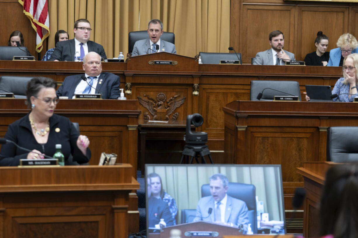 Rep. Kelly Armstrong, R-N.D., center, speaks during the House Judiciary Committee markup hearing to hold Attorney General Merrick Garland in contempt of Congress, Thursday, May 16, 2024, on Capitol Hill in Washington.