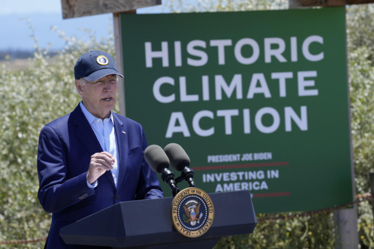 FILE - President Joe Biden speaks at the Lucy Evans Baylands Nature Interpretive Center and Preserve in Palo Alto, Calif., June 19, 2023. Biden talked about climate change, clean energy jobs and protecting the environment.