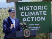 FILE - President Joe Biden speaks at the Lucy Evans Baylands Nature Interpretive Center and Preserve in Palo Alto, Calif., June 19, 2023. Biden talked about climate change, clean energy jobs and protecting the environment.