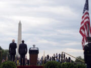 President Joe Biden and Kenya&rsquo;s President William Ruto participate in a State Arrival Ceremony on the South Lawn of the White House, Thursday, May 23, 2024, in Washington, with the Washington Monument in the background.