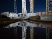 In this photo provided by NASA, a United Launch Alliance Atlas V rocket with Boeing&rsquo;s Starliner capsule aboard is illuminated by spotlights on the launch pad at Space Launch Complex 41 ahead of the NASA&rsquo;s Boeing Crew Flight Test, Saturday, May 4, 2024, at Cape Canaveral Space Force Station in Fla. NASA astronauts Butch Wilmore and Suni Williams will launch aboard to the International Space Station, scheduled for liftoff on May 6.