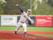 Columbia River's Zach Ziebell delivers a pitch against Lynden in the Class 2A baseball semifinals on Friday, May 24, 2024 in Bellingham.