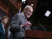 Senate Majority Leader Chuck Schumer, D-N.Y., joined at left by Sen. Debbie Stabenow, D-Mich., speaks to reporters after Senate Republicans blocked a bipartisan border security and immigration bill for a second time this year, at the Capitol in Washington, Thursday, May 23, 2024. (AP Photo/J.