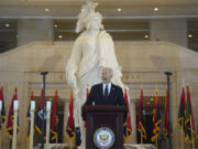 President Joe Biden speaks at the U.S. Holocaust Memorial Museum&#039;s Annual Days of Remembrance ceremony at the U.S. Capitol, Tuesday, May 7, 2024 in Washington.  Statue of Freedom stands behind.