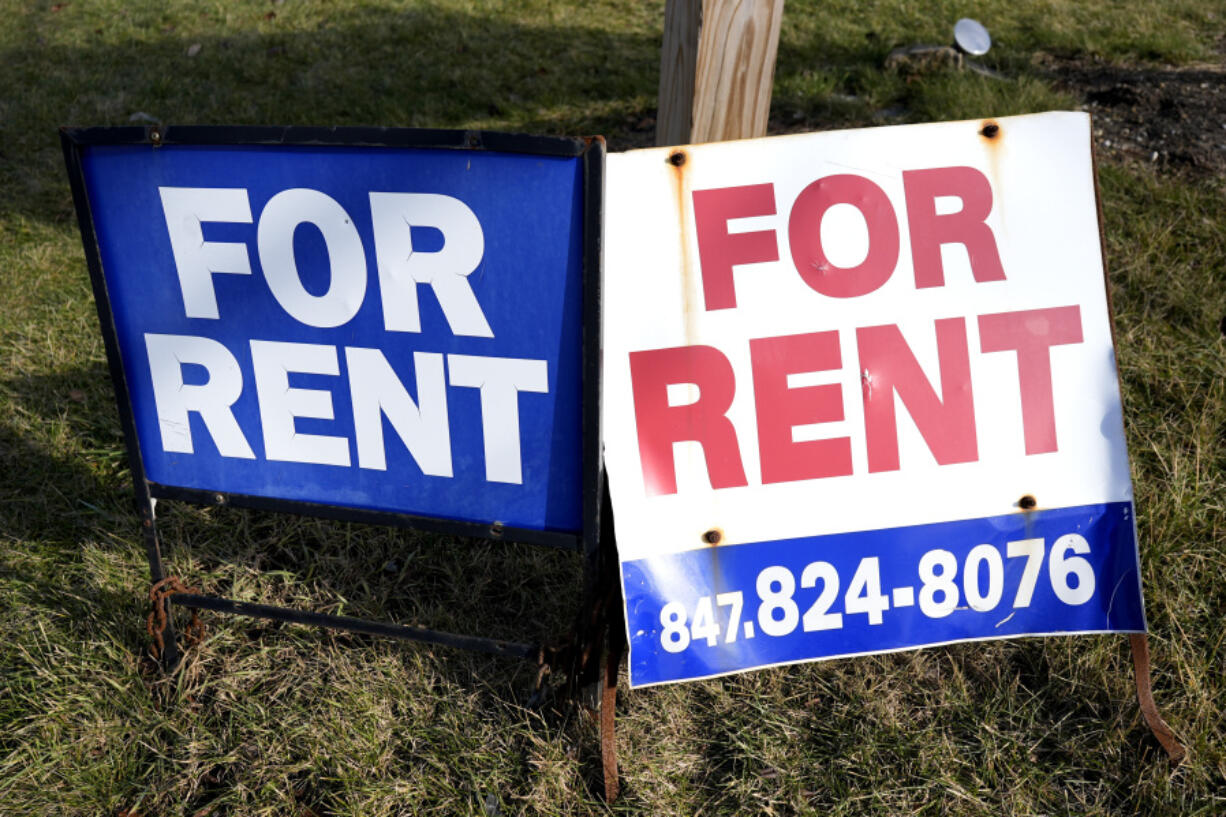 FILE - Signs advertising housing for rent are displayed in Glenview, Ill., on Jan. 29, 2024. On Wednesday, May 15, 2024, the Labor Department issues its report on inflation at the consumer level in April. (AP Photo/Nam Y.