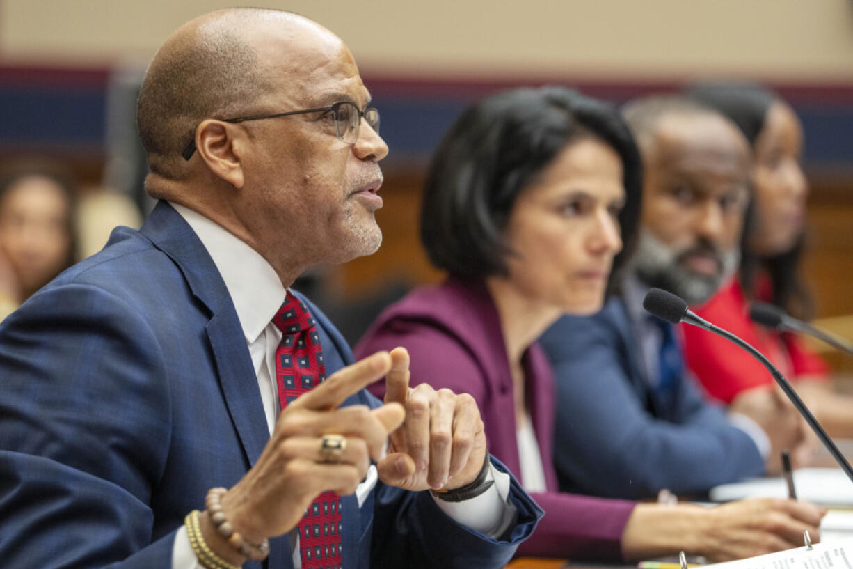 From left, David Banks, chancellor of New York Public schools, speaks next to Karla Silvestre, President of the Montgomery Count (Md.) Board of Education, Emerson Sykes, Staff Attorney with the ACLU, and Enikia Ford Morthel, Superintendent of the Berkeley United School District, during a hearing on antisemitism in K-12 public schools, at the House Subcommittee on Early Childhood, Elementary, and Secondary Education, Wednesday, May 8, 2024, on Capitol Hill in Washington.