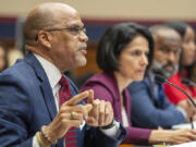 From left, David Banks, chancellor of New York Public schools, speaks next to Karla Silvestre, President of the Montgomery Count (Md.) Board of Education, Emerson Sykes, Staff Attorney with the ACLU, and Enikia Ford Morthel, Superintendent of the Berkeley United School District, during a hearing on antisemitism in K-12 public schools, at the House Subcommittee on Early Childhood, Elementary, and Secondary Education, Wednesday, May 8, 2024, on Capitol Hill in Washington.