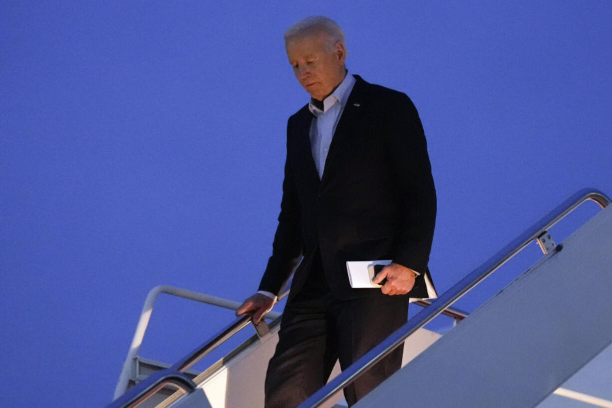 President Joe Biden arrives on Air Force One at Andrews Air Force Base, Md., Tuesday, April 30, 2024..