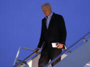 President Joe Biden arrives on Air Force One at Andrews Air Force Base, Md., Tuesday, April 30, 2024..