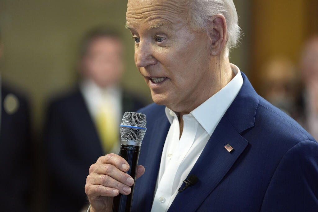 President Joe Biden meets with campaign volunteers at the Dr. John Bryant Community Center, Wednesday, May 8, 2024, in Racine, Wis. Biden will be in Seattle Friday and Saturday for campaign events.