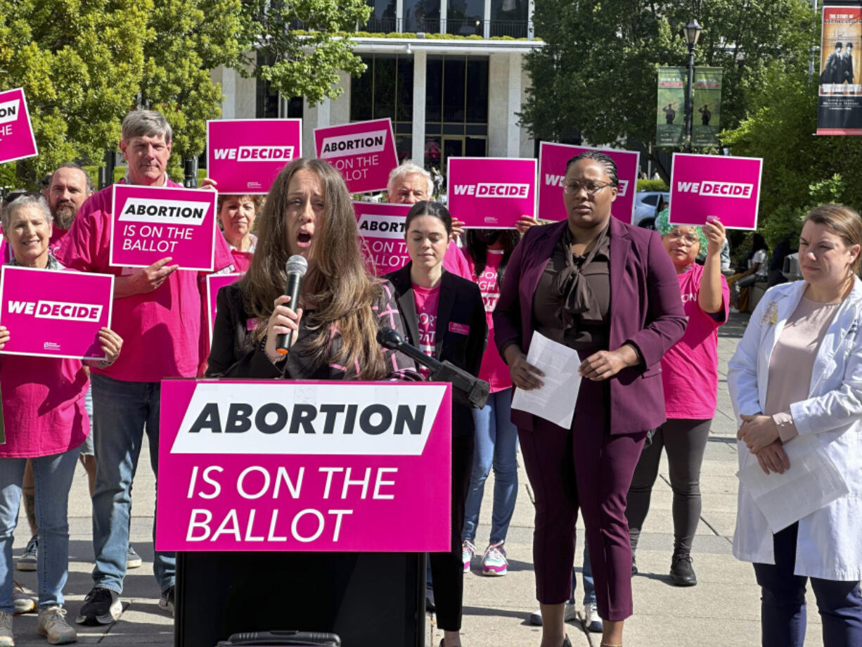 Planned Parenthood Votes South Atlantic spokesperson, Emily Thompson, announces a $10 million investment into a state voter engagement campaign at a press conference in Bicentennial Plaza in Raleigh, N.C., on Thursday, April 25, 2024. The campaign will focus on canvassing, mailers, digital ads and phone banking to block a GOP legislative supermajority and Republican governor in the 2024 election.