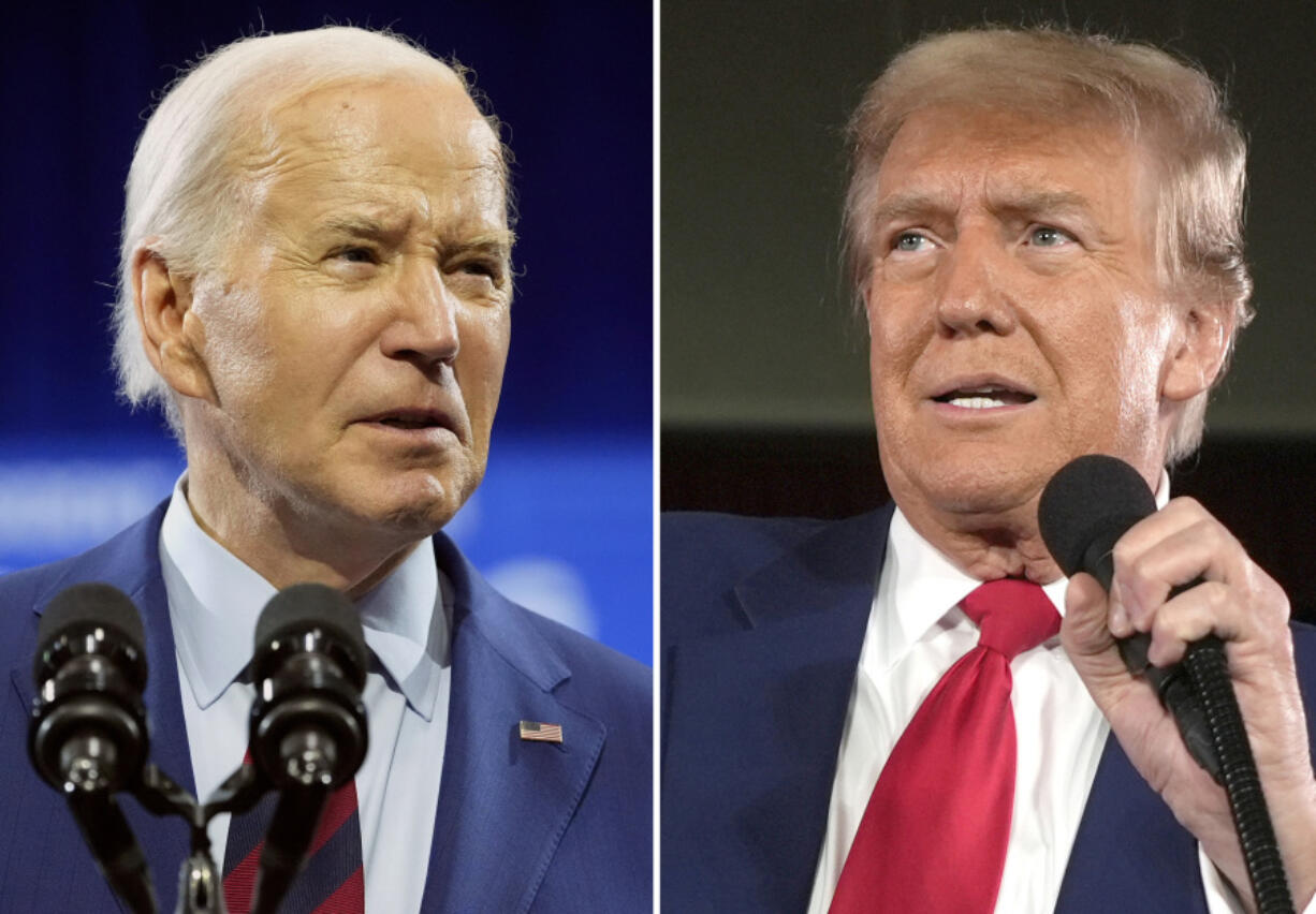 In this combination photo, President Joe Biden speaks May 2, 2024, in Wilmington, N.C., left, and Republican presidential candidate former President Donald Trump speaks at a campaign rally, May 1, 2024, in Waukesha, Wis. President Joe Biden says he won&rsquo;t participate in the campaign debates sponsored by a nonpartisan commission, instead challenging Republican Donald Trump to a pair of debates. Biden said Wednesday that Trump lost two debates to him in 2020 and since then, he hasn&rsquo;t shown up for a debate. Biden proposes debating Trump twice.