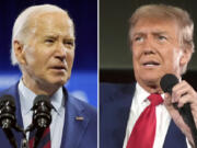 In this combination photo, President Joe Biden speaks May 2, 2024, in Wilmington, N.C., left, and Republican presidential candidate former President Donald Trump speaks at a campaign rally, May 1, 2024, in Waukesha, Wis. President Joe Biden says he won&rsquo;t participate in the campaign debates sponsored by a nonpartisan commission, instead challenging Republican Donald Trump to a pair of debates. Biden said Wednesday that Trump lost two debates to him in 2020 and since then, he hasn&rsquo;t shown up for a debate. Biden proposes debating Trump twice.