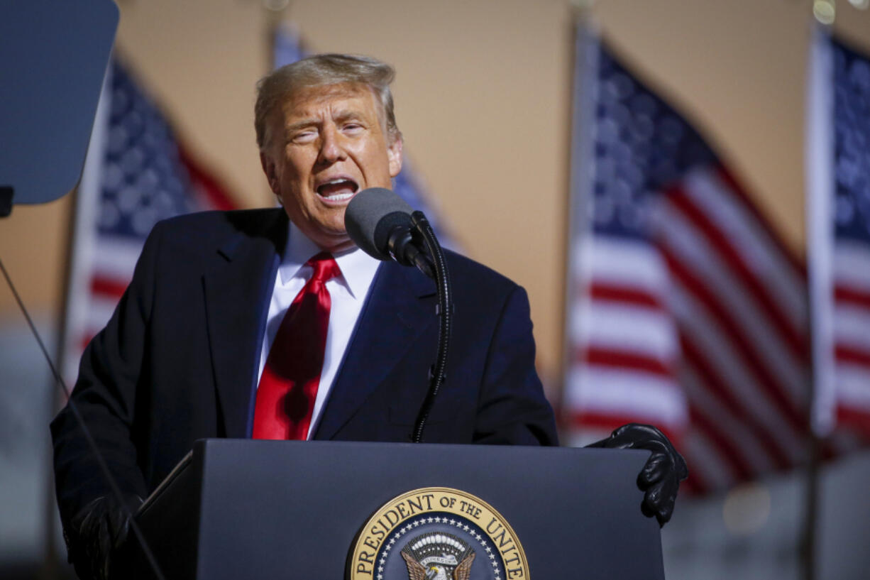 FILE - President Donald Trump speaks at a campaign rally Friday, Oct. 30, 2020, in Rochester, Minn. Former President Donald Trump&rsquo;s planned campaign visit to Minnesota will mark his return to a traditionally Democratic state he has long argued he could carry. Trump will take a break from his hush money trial in New York to speak at a Minnesota GOP fundraiser Friday.