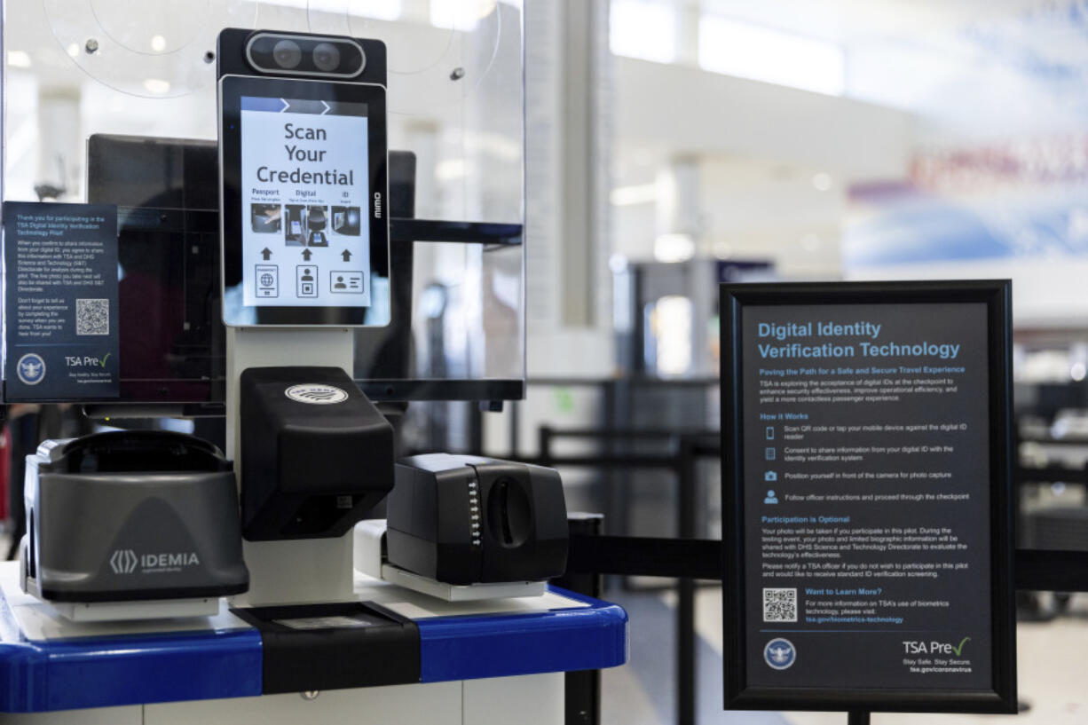 FILE - The Transportation Security Administration&rsquo;s new facial recognition technology is seen at a Baltimore-Washington International Thurgood Marshall Airport security checkpoint, April 26, 2023, in Glen Burnie, Md.