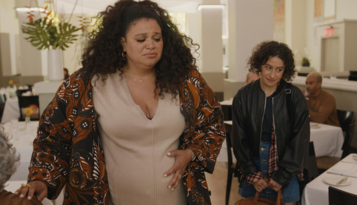 This image released by Neon shows Michelle Buteau, left, and Ilana Glazer in a scene from the film &ldquo;Babes.&rdquo; (Neon via AP)