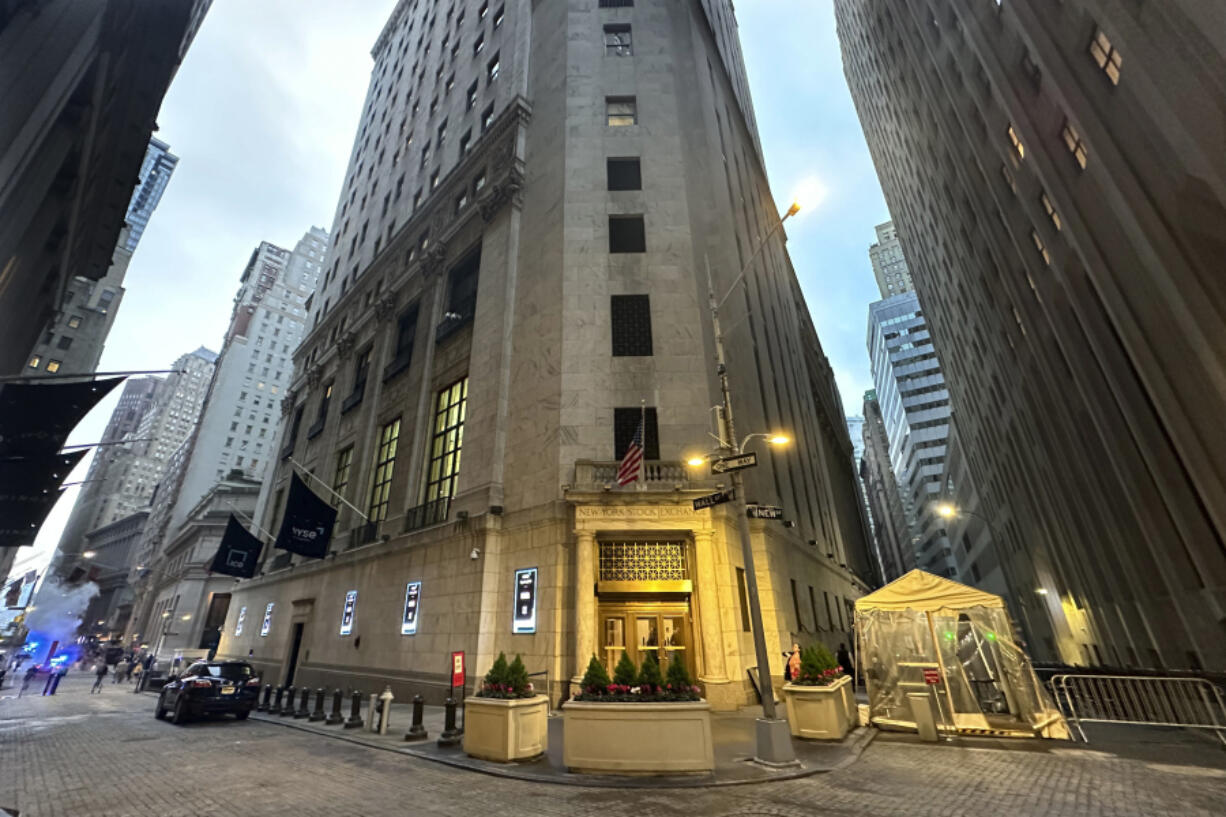FILE - An entrance to the New York Stock Exchange is shown on May 8, 2024, in New York. Shares opened lower in Europe on Thursday, May 16, 2024, after most Asian benchmarks gained, tracking a Wall Street rally driven by hopes that inflation is heading back in the right direction.