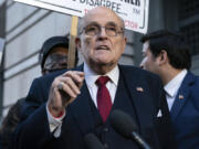 FILE - Former Mayor of New York Rudy Giuliani speaks during a news conference outside the federal courthouse in Washington, Dec. 15, 2023. A New York bankruptcy judge rejected Giuliani&rsquo;s request to pursue an appeal of a $148 million defamation judgment for spreading lies about the the 2020 election and said he was &ldquo;disturbed&rdquo; by the lack of progress in the five-month-old case on Tuesday, May 14, 2024.