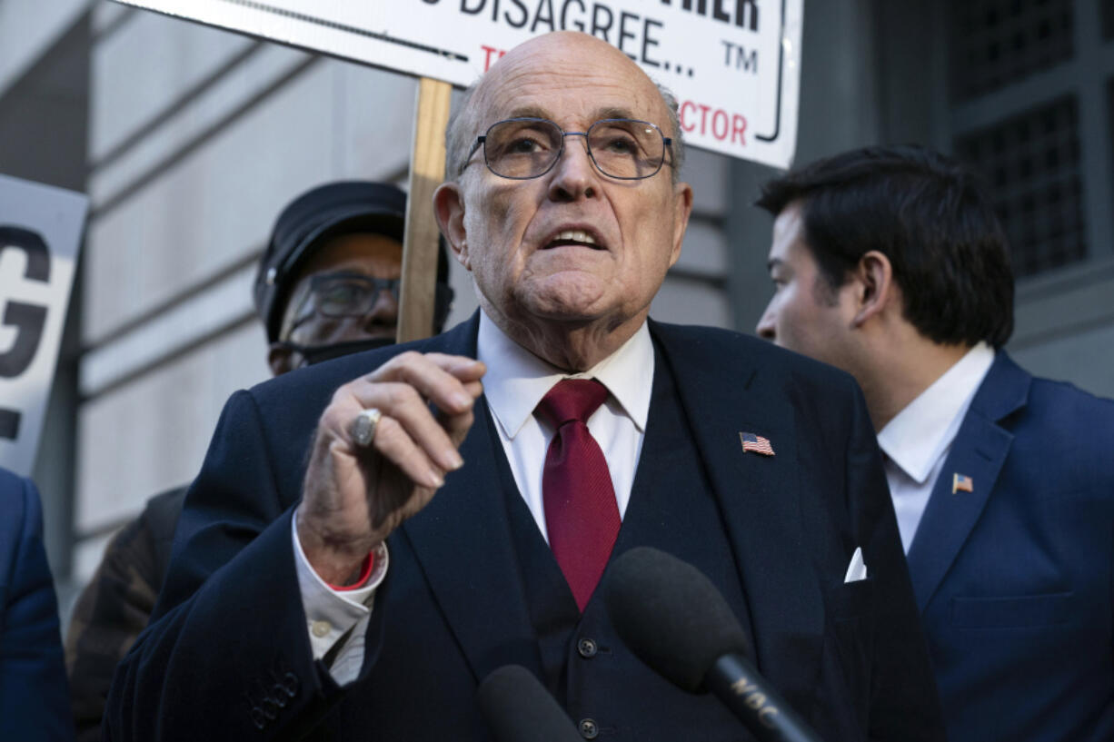 FILE - Former Mayor of New York Rudy Giuliani speaks during a news conference outside the federal courthouse in Washington, Dec. 15, 2023. A New York bankruptcy judge rejected Giuliani&#039;s request to pursue an appeal of a $148 million defamation judgment for spreading lies about the the 2020 election and said he was &ldquo;disturbed&rdquo; by the lack of progress in the five-month-old case on Tuesday, May 14, 2024.