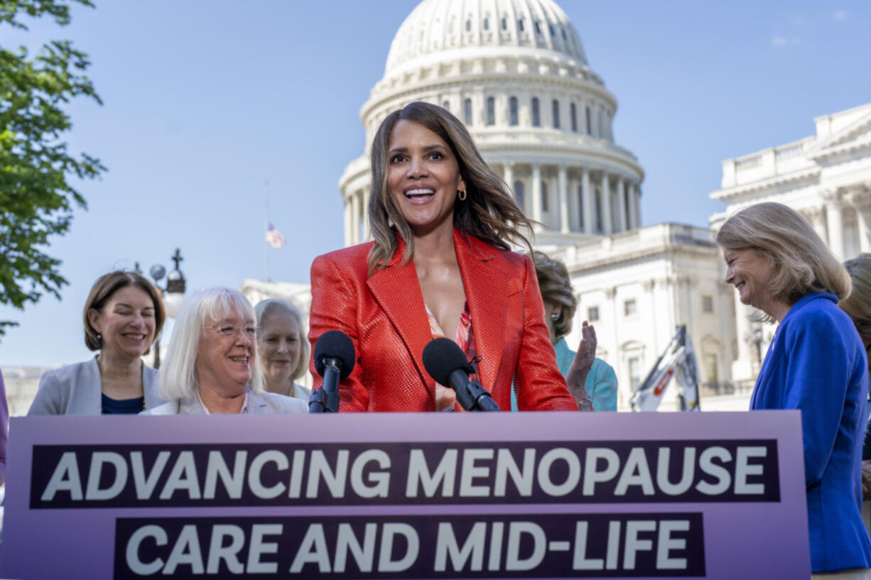 Oscar-winning actor and women&rsquo;s health activist Halle Berry joins Sen. Patty Murray, D-Wash., second from left, and Sen. Lisa Murkowski, R-Alaska, right, and other women of the Senate as they introduce new legislation to boost federal research on menopause, at the Capitol in Washington, Thursday, May 2, 2024. The bipartisan Senate bill, the Advancing Menopause Care and Mid-Life Women&rsquo;s Health Act, would create public health efforts to improve women&rsquo;s mid-life health. (AP Photo/J.